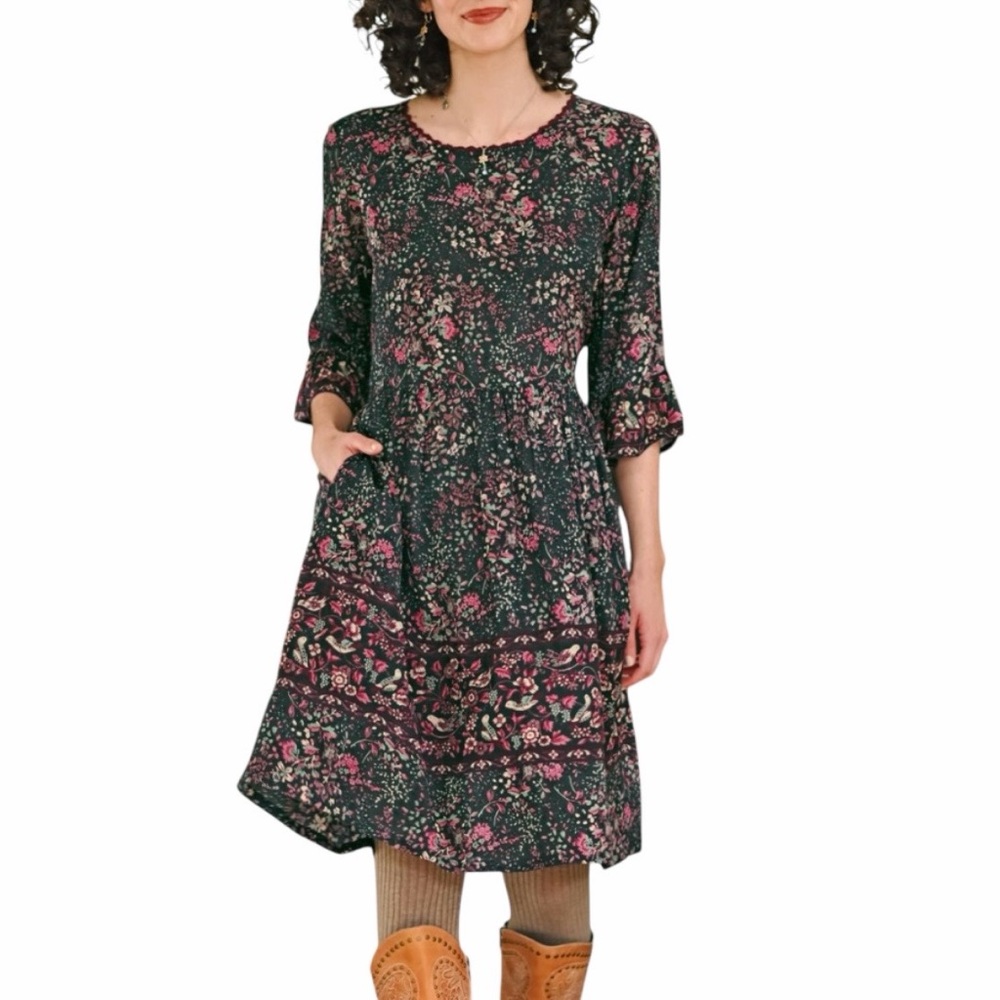 April Cornell Penelope Green Floral Print Midi Dress Prairie Cottagecore Sz L